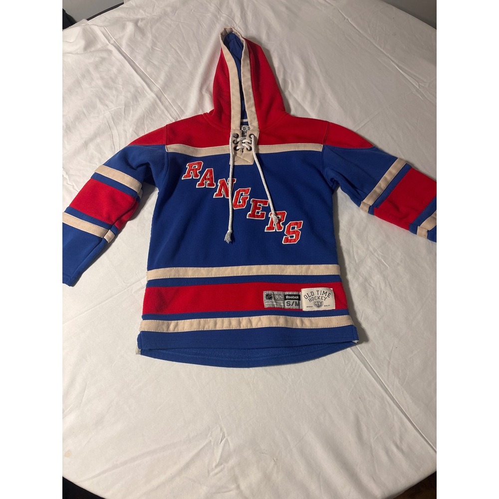Reebok NY Rangers Hockey Hoodie Mens S/M Blue Red Lace Up Fleece Jersey